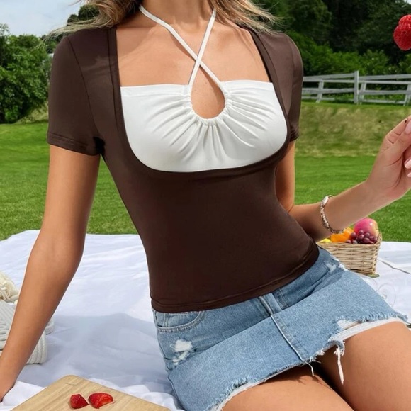 2-in-1 Layered Brown top with Halter Drawstring White under shirt Women size S - Picture 2 of 4